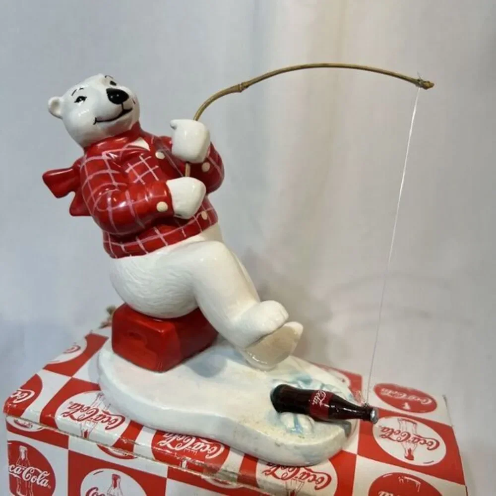 Coca-Cola Always Ice Fishing Ceramic Polar Bear‎ Figurine  - Vintage 1995
